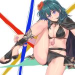  1girl bikini black_bikini blue_eyes blue_hair breasts byleth_(fire_emblem) byleth_(fire_emblem)_(female) cleavage fire_emblem fire_emblem:_three_houses fire_emblem_heroes flower hair_flower hair_ornament knee_up navel solo swimsuit taku_pi 