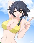  1girl absurdres aikir_(jml5160) arm_behind_head bikini black_hair blue_sky blush braid breasts brown_eyes cleavage cloud dutch_angle girls_und_panzer highres large_breasts navel pepperoni_(girls_und_panzer) pointing short_braid side_braid sky smile solo swimsuit twitter_username yellow_bikini 