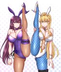  2girls animal_ears artoria_pendragon_(all) artoria_pendragon_(swimsuit_ruler)_(fate) ass bare_shoulders blonde_hair blue_legwear bow bowtie breasts bunny_ears cleavage clenched_hand commentary_request covered_navel crown detached_collar fate/grand_order fate_(series) fishnet_legwear fishnets green_eyes high_heels large_breasts long_hair multiple_girls navel necktie pantyhose playboy_bunny ponytail purple_eyes purple_footwear purple_hair scathach_(fate)_(all) scathach_(fate/grand_order) split standing standing_on_one_leg standing_split white_footwear wrist_cuffs yakisobapan_tarou_&amp;_negitoro-ko 