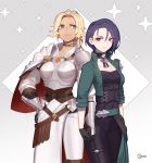  2girls armor belt black_belt black_choker black_gloves black_pants blonde_hair blue_eyes blue_hair breastplate breasts catherine_(fire_emblem) choker cleavage commentary_request cowboy_shot fire_emblem fire_emblem:_three_houses forehead gloves gradient gradient_background green_belt green_jacket grey_background hair_between_eyes holding_hands jacket leggings long_hair long_sleeves looking_at_viewer mugcan multiple_girls open_clothes open_jacket pants pauldrons purple_eyes shamir_nevrand short_hair shoulder_armor small_breasts smile standing vambraces white_pants 