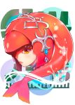  1girl brown_eyes commentary_request fish_girl from_side gem hair_ornament head highres jewelry lips long_hair looking_at_viewer mikazuki_akira! mipha monster_girl multicolored multicolored_skin no_eyebrows pointy_ears profile red_hair red_skin solo the_legend_of_zelda the_legend_of_zelda:_breath_of_the_wild water zora 