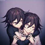  2boys black_jacket checkered checkered_scarf commentary_request danganronpa dual_persona ewa_(seraphhuiyu) gradient gradient_background hair_between_eyes hand_on_another&#039;s_cheek hand_on_another&#039;s_face highres hug hug_from_behind jacket long_sleeves looking_at_another looking_at_viewer male_focus medium_hair multiple_boys new_danganronpa_v3 ouma_kokichi parted_lips scarf school_uniform shirt smile teeth twitter_username upper_body white_jacket white_shirt 