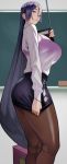  1girl absurdres bangs black_skirt breasts closed_mouth commentary_request fate_(series) highres large_breasts long_hair looking_at_viewer minamoto_no_raikou_(fate/grand_order) miniskirt pantyhose parted_bangs pointer purple_eyes purple_hair see-through shiny shiny_clothes shiny_hair shirt skirt teacher very_long_hair white_shirt yoshio_(55level) 