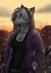  anthro black_body black_fur blue_eyes breasts canid canine clothed clothing detailed_background female fox fur hair hi_res jacket mammal multicolored_body multicolored_fur solo tashalisets topwear two_tone_body two_tone_fur white_body white_fur white_hair 