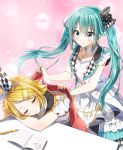  2girls bangs bare_arms blonde_hair blue_eyes blue_hair blue_nails blush checkered checkered_ribbon closed_mouth commentary_request covering_with_blanket dress eyebrows_visible_through_hair hair_between_eyes hair_ornament hair_ribbon hairclip hatsune_miku highres kagamine_rin long_hair mechanical_pencil multiple_girls nail_polish open_clothes open_vest pencil pentagon_(railgun_ky1206) ribbon sleeveless sleeveless_dress smile twintails very_long_hair vest vocaloid white_dress white_vest 