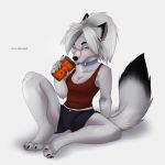  1:1 absurd_res anthro beverage black_body black_fur blue_eyes blush breasts canid canine claws clothed clothing coffee coffee_cup cup female fluffy fluffy_tail fox freckles fur hair hi_res holding_object mammal multicolored_body multicolored_fur open_mouth simple_background sitting smile solo tashalisets two_tone_body two_tone_fur white_background white_body white_fur white_hair 