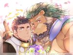  2boys animal_ears arsalan_(tokyo_houkago_summoners) backlighting bara bare_chest beard black_bodysuit black_hair blush bodysuit bouquet brown_eyes brown_fur chest chest_hair close-up couple face-to-face facial_hair fingernails flower furry green_hair halo lion_boy lion_ears looking_at_viewer male_focus medium_hair multiple_boys muscle paws petals self_shot sharp_fingernails short_hair smile stubble tokyo_houkago_summoners v yaoi yellow_eyes youzora_samo18 zabaniya_(tokyo_houkago_summoners) 