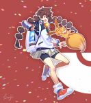  1girl :d bangs blush brown_hair commentary_request eevee gen_1_pokemon gotcha! gotcha!_girl_(pokemon) happy kibou leg_warmers long_sleeves open_mouth outline pokemon pokemon_(creature) shoes signature smile spread_fingers tied_hair watermark zipper 