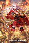  1girl armored_boots axe bangs blue_eyes blue_ribbon boots breastplate cape dress edelgard_von_hresvelg fire fire_emblem fire_emblem:_three_houses fire_emblem_cipher gauntlets holding holding_weapon kurahana_chinatsu official_art outdoors parted_bangs red_cape red_dress ribbon ruins short_dress thigh_boots thighhighs town weapon white_hair 