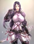  1girl arm_guards bangs bodysuit breasts closed_mouth commentary_request fate/grand_order fate_(series) fingerless_gloves gloves hand_up highres koyama_sousuke large_breasts loincloth long_hair low-tied_long_hair minamoto_no_raikou_(fate/grand_order) parted_bangs purple_bodysuit purple_eyes purple_hair ribbed_sleeves rope standing sword sword_behind_back tabard very_long_hair weapon 