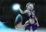  anthro black_body black_fur blue_eyes breasts canid canine clothed clothing detailed_background female fox fur hair magic mammal multicolored_body multicolored_fur partially_clothed smile solo tashalisets two_tone_body two_tone_fur white_body white_fur white_hair 