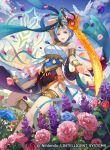  1girl anklet bangs blue_hair blue_sash bracelet braid breasts brown_eyes castle crest crown_braid dancer field fire_emblem fire_emblem:_three_houses fire_emblem_cipher flower flower_field hair_ornament holding holding_weapon jewelry konfuzikokon loincloth marianne_von_edmund official_art outdoors sash side_slit sideboob smile sword weapon white_sash 