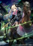  1girl blonde_hair boots bow dress drill_hair elise_(fire_emblem) fire_emblem fire_emblem_cipher fire_emblem_fates flower hair_bow holding holding_weapon horse kawasumi_mahiro magic night night_sky official_art outdoors pink_bow pink_ribbon purple_eyes ribbon sky staff town twintails weapon white_flower 