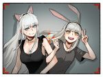  2girls :d animal_ears black_choker black_shirt blue_eyes blush border braid breasts bright_pupils bunny_ears camera_lens cat_ears choker cleavage closed_mouth fake_animal_ears floating_hair french_braid gogalking grey_hair grey_shirt hand_up highres jewelry junior_(gogalking) korean_commentary large_breasts light_girl_(gogalking) locked_arms long_hair looking_at_viewer multiple_girls necklace open_mouth original round_teeth shirt short_sleeves smile sweat teeth upper_teeth v white_border white_pupils 