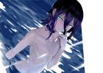  1girl aqua_eyes bangs black_choker black_hair blue_eyes breasts censored chainsaw_man choker finger_to_cheek hair_between_eyes light_censor nude parted_lips partially_submerged reze_(chainsaw_man) small_breasts solo tied_hair upper_body walzrj water wet 