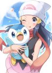  1girl beanie blush closed_mouth cloud commentary_request confetti dawn_(pokemon) eyelashes fingernails gen_4_pokemon hair_ornament hairclip hat highres holding holding_pokemon long_hair looking_at_viewer one_eye_closed otyaduke outline piplup pokemon pokemon_(creature) pokemon_(game) pokemon_dppt red_scarf scarf sidelocks sky spread_fingers starter_pokemon tongue tongue_out white_headwear 