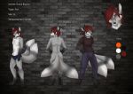  anthro black_body black_fur canid canine claws clothed clothing detailed_background fox fur grey_body grey_fur hair male mammal model_sheet multi_tail multicolored_body multicolored_fur orange_eyes partially_clothed red_hair smile solo tashalisets white_body white_fur 