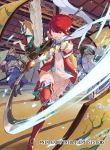  1girl 2boys armor boots bracer faceless faceless_male fire_emblem fire_emblem_cipher fire_emblem_fates garter_straps gloves hinoka_(fire_emblem) holding holding_weapon indoors japanese_clothes kureta_(nikogori) multiple_boys naginata official_art pegasus polearm red_eyes red_gloves red_hair scarf short_hair slashing thigh_boots thighhighs weapon white_scarf 