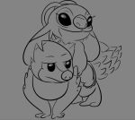  2020 4_toes alien all_fours angel_(lilo_and_stitch) annoyed antennae_(anatomy) artbro chest_markings digital_drawing_(artwork) digital_media_(artwork) disney duo ears_down experiment_(lilo_and_stitch) eyelashes greyscale lilo_and_stitch markings monochrome pivoted_ears riding sketch smile spike_(lilo_and_stitch) toes 