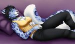  2020 5_fingers ajna anthro black_hair blue_body blue_fur breasts clothed clothing collar digital_media_(artwork) eyebrows eyelashes eyes_closed felid female fingers fur hair hi_res mammal pantherine purple_spots snow_leopard spots spotted_body spotted_fur 