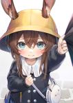  1girl 3: amiya_(arknights) animal_ears arknights arm_up bag bangs blue_eyes blush brown_hair bunny_bag bunny_ears clenched_hand closed_mouth ears_through_headwear frostnova_(arknights) hair_between_eyes hand_up hat holding_strap kindergarten_uniform long_hair long_sleeves looking_at_viewer mamemena out_of_frame school_hat shirt_tug solo_focus yellow_headwear younger 