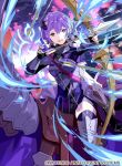  1girl armor armored_boots arrow_(projectile) bernadetta_von_varley boots bow_(weapon) bracer breastplate crest dress earrings fingerless_gloves fire_emblem fire_emblem:_three_houses fire_emblem_cipher gloves grey_eyes hair_ornament horse jewelry nervous official_art outdoors purple_hair short_dress shoulder_armor shoulder_spikes spikes thighhighs tobi_(kotetsu) weapon 