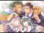 2boys 2girls :d animal_ears arsalan_(tokyo_houkago_summoners) beard black_hair blush breasts brown_fur cape character_request chest chest_hair closed_eyes couple eyewear_removed facial_hair fangs fingernails formal furry green_cape green_hair halo hand_on_another&#039;s_shoulder holding_hands interlocked_fingers lion_boy lion_ears long_hair male_focus medium_hair multiple_boys multiple_girls muscle necktie open_mouth sharp_fingernails short_hair smile striped_suit stubble tokyo_houkago_summoners upper_body veil veins yaoi youzora_samo18 yuri zabaniya_(tokyo_houkago_summoners) 