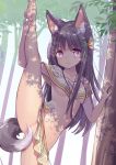  1girl animal_ears bangs barefoot black_hair breasts collarbone eyebrows_visible_through_hair hair_ribbon highres long_hair midriff navel original purple_eyes ribbon sidelocks small_breasts smile solo split standing standing_on_one_leg standing_split tail tail_censor tenjou_ryuka thighs wolf_ears wolf_tail 