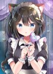  1girl :p animal_ear_fluff animal_ears apron bangs black_dress black_hair blue_eyes breasts candy cat_ears cat_girl cat_tail closed_mouth commentary_request curtains dress eyebrows_visible_through_hair food hair_between_eyes hands_up heart_lollipop highres holding holding_candy holding_food holding_lollipop lollipop looking_at_viewer maid maid_headdress masayo_(gin_no_ame) original puffy_short_sleeves puffy_sleeves short_sleeves small_breasts smile solo swirl_lollipop tail tail_raised tongue tongue_out upper_body white_apron wrist_cuffs 