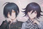  2boys ahoge artist_name bangs black_hair brown_eyes checkered checkered_scarf cheek_rest closed_mouth commentary_request danganronpa ewa_(seraphhuiyu) facing_viewer finger_to_cheek hair_between_eyes hand_up highres index_finger_raised jacket layered_sleeves long_sleeves looking_at_another male_focus multiple_boys new_danganronpa_v3 ouma_kokichi portrait purple_eyes purple_hair saihara_shuuichi scarf shirt short_hair smile straitjacket striped_jacket white_jacket 