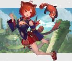  1girl :d ahoge animal_ears breasts brooch brown_hair cleavage clothing_cutout ear_piercing full_body hair_ornament hairclip highres jewelry long_sleeves navel_cutout night199812 nijisanji open_mouth piercing ratna_petit red_eyes red_nails red_panda red_panda_ears red_panda_tail red_skirt skirt smile solo virtual_youtuber wide_sleeves x_hair_ornament 