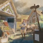  1girl absurdres apple arknights bagpipe_(arknights) barrel black_horns boots bottle box cart character_name day food fruit grass highres holding holding_box horns house kiasela long_hair mountainous_horizon open_mouth outdoors scenery short_sleeves signpost solo standing watermelon 