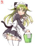  1girl alternate_costume animal_ears apron artist_logo ass black_dress bucket cat_ears cat_tail commentary_request crescent crescent_hair_ornament dated dress enmaided fang frilled_apron frills from_behind garter_straps green_eyes green_hair hair_ornament highres kanon_(kurogane_knights) kantai_collection long_hair looking_at_viewer looking_back maid nagatsuki_(kantai_collection) panties rag simple_background skin_fang solo striped striped_panties tail thighhighs underwear white_apron white_background white_legwear 