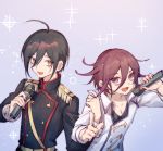  2boys :d ahoge alternate_costume androgynous bell black_hair black_shirt brown_eyes brown_hair collarbone commentary_request danganronpa epaulettes ewa_(seraphhuiyu) hair_bell hair_between_eyes hair_ornament hands_up highres holding holding_microphone index_finger_raised jacket long_sleeves looking_at_viewer male_focus microphone military military_uniform multiple_boys new_danganronpa_v3 open_mouth ouma_kokichi pointing pointing_at_viewer purple_eyes purple_hair saihara_shuuichi shirt sketch smile sparkle uniform upper_body weapon white_jacket 