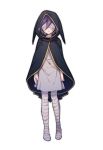  1boy bandaged_foot bandaged_head bandaged_leg bandages bangs black_cape black_hood cape closed_mouth commentary_request copyright_request cosplay_request danganronpa dress ewa_(seraphhuiyu) facing_viewer frown full_body grey_dress highres hood hood_up hooded_cape new_danganronpa_v3 ouma_kokichi simple_background solo white_background 