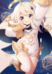  1girl arm_up artist_name blush genshin_impact grey_eyes hair_between_eyes hair_ornament halo leg_up looking_at_viewer open_mouth paimon_(genshin_impact) platinum_blonde_hair pose rimuu short_hair single_thighhigh solo thighhighs white_legwear 