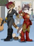  anthro armor balto_star black_widow_(marvel) canid canine canis cheetah clothed clothing colored comic_con cosplay costume duo felid feline female gun hi_res iron_man kiwi_cutie male mammal marvel nikki_kofi pose ranged_weapon roleplay weapon wolf 