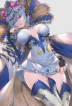  1girl blue_hair boots bridal_gauntlets cape detached_sleeves dress granblue_fantasy long_sleeves macula_marius purple_eyes short_hair solo strapless strapless_dress thigh_boots thighhighs thighs wide_sleeves wuming 