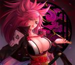  1girl amputee baiken big_hair black_jacket black_kimono breasts cherry_blossoms cleavage eyepatch facial_tattoo guilty_gear guilty_gear_xrd jacket jacket_on_shoulders japanese_clothes kataginu katana kimono large_breasts looking_at_viewer multicolored multicolored_clothes multicolored_kimono notprimula obi one-eyed open_clothes open_kimono parted_lips pink_hair pipe ponytail red_eyes sash scar scar_across_eye sword tattoo weapon white_kimono 