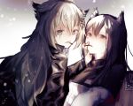  2girls animal_ears ariez arknights bangs black_hair brown_eyes capelet food fox_ears hair_between_eyes hand_on_another&#039;s_face highres lappland_(arknights) long_hair looking_at_viewer mouth_hold multicolored_hair multiple_girls pocky pocky_kiss scar scar_across_eye signature silver_eyes silver_hair streaked_hair texas_(arknights) yuri 