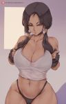 1girl bare_shoulders black_hair black_panties blue_eyes breasts curvy dragon_ball dragon_ball_z highres large_breasts long_hair looking_at_viewer panties parted_lips shexyo signature solo thick_thighs thighs twintails underwear videl wide_hips 