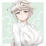  1girl ? alternate_costume asymmetrical_hair blush braid breasts buttons collared_shirt cypress eyebrows_visible_through_hair kantai_collection large_breasts long_hair long_sleeves shirt single_braid solo twitter_username unryuu_(kantai_collection) upper_body very_long_hair white_hair white_shirt yellow_eyes 