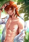  1boy abs arm_at_side backlighting bangs bare_shoulders blurry bracelet chest day depth_of_field flipped_hair granblue_fantasy hand_in_hair hand_on_own_head highres jewelry long_sleeves looking_at_viewer male_focus medium_hair navel nipples off_shoulder open_clothes open_shirt orange_hair palm_leaf parted_lips percival_(granblue_fantasy) red_eyes red_hair see-through shirt sidelocks sleeves_rolled_up solo tyyni upper_body wet wet_clothes wet_hair wet_shirt white_shirt 