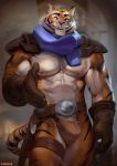  2020 abs anthro armor black_stripes bulge chunie clothed clothing detailed_background digital_media_(artwork) felid fur gloves handwear hi_res loincloth looking_at_viewer male mammal muscular muscular_anthro muscular_male nipples orange_body orange_fur pantherine skimpy smile solo stripes tiger weapon white_body white_fur 