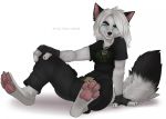  anthro black_body black_fur blue_eyes breasts canid canine claws clothed clothing collar female fluffy fluffy_tail fox fur gloves hair handwear mammal multicolored_body multicolored_fur open_mouth open_smile simple_background sitting smile solo tashalisets teeth two_tone_body two_tone_fur white_background white_body white_fur white_hair 