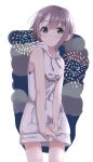  1girl aerial_fireworks bangs bare_arms bare_shoulders blush_stickers breasts closed_mouth clothes_writing commentary_request drawstring eyebrows_visible_through_hair fireworks grey_eyes grey_hair hair_between_eyes highres hood hood_down hoodie hoodie_dress idolmaster idolmaster_shiny_colors looking_at_viewer serizawa_asahi shiwa_(siwaa0419) short_hair sleeveless sleeveless_hoodie small_breasts solo white_hoodie 