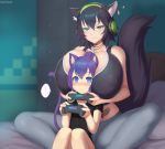  &lt;3 ... age_difference ambiguous_gender animal_humanoid bed between_breasts big_breasts blush breasts cat_humanoid clothed clothing controller felid felid_humanoid feline feline_humanoid female furniture game_controller gaming headphones huge_breasts humanoid inner_ear_fluff inside kainkout larger_female mammal mammal_humanoid nipple_outline on_bed playing_videogame size_difference smaller_ambiguous tuft young 