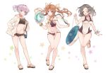  3girls bag ball bare_legs beachball bikini bikini_shorts black_bikini black_hair blue_eyes blush breasts brown_hair closed_mouth collarbone full_body green_scrunchie groin hair_between_eyes hair_ornament hair_ribbon holding holding_ball holding_beachball innertube jacket kagerou_(kantai_collection) kantai_collection kuroshio_(kantai_collection) long_hair long_sleeves looking_at_viewer multicolored multicolored_bikini multicolored_clothes multiple_girls navel one-piece_swimsuit one_eye_closed open_clothes open_jacket open_mouth pink_hair ponytail purple_eyes remodel_(kantai_collection) ribbon sandals scrunchie shakemi_(sake_mgmgmg) shiranui_(kantai_collection) short_hair shorts shoulder_bag simple_background small_breasts smile standing standing_on_one_leg star_(symbol) swimsuit swimsuit_under_clothes tankini thigh_gap toes twintails white_background white_jacket white_ribbon wrist_scrunchie yellow_eyes 