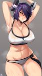  1girl absurdres arm_behind_head armpits arms_up bikini breasts cameltoe checkered checkered_neckwear cowboy_shot eyepatch headgear highres jmg kantai_collection large_breasts navel necktie purple_hair short_hair solo standing sweat swimsuit tenryuu_(kantai_collection) white_bikini yellow_eyes 