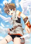  1boy aikagi_sheena blue_sky brown_hair cloud cloudy_sky commentary day highres kid_icarus looking_at_viewer male_focus open_mouth outdoors pit_(kid_icarus) sky smile solo sunlight textless wings 